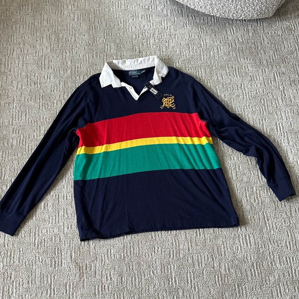 Polo by Ralph Lauren Navy Rugby Shirt with Red, Yellow & Green Stripes